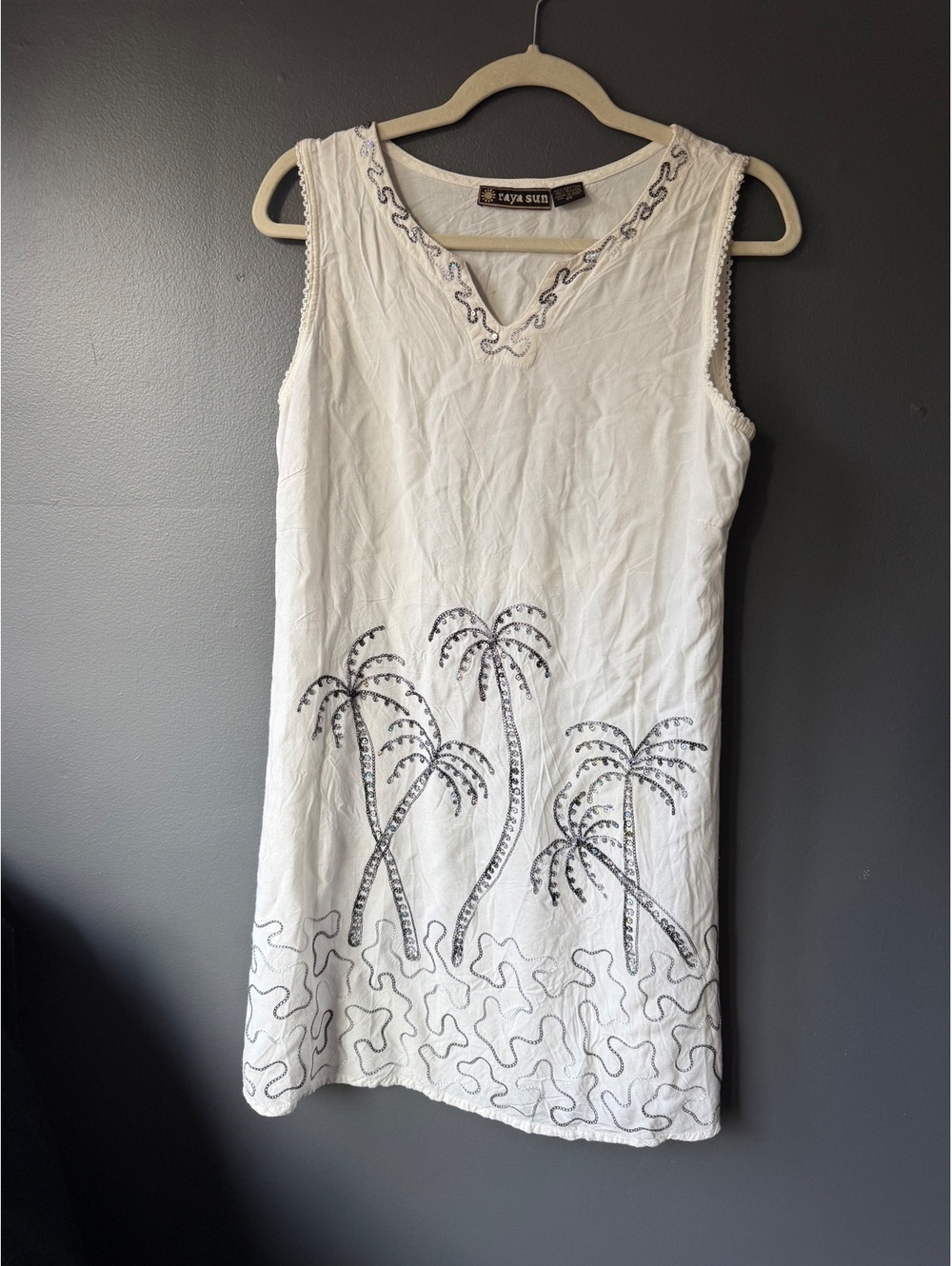 Raya Sun White Sleeveless Dress with Sequin Palm Tree Embroidery Size M